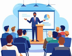 Business Presentation with Speaker and Audience in Blue Tones Illustration of Man Giving a Presentation on a Stage to Group of People in Auditorium