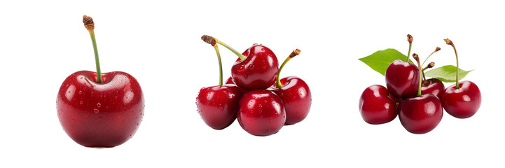Fresh cherries on white background, isolated, transparent background, no background, set  