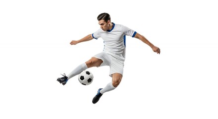 Man Kicking Soccer Ball Mid-air Action Shot on White