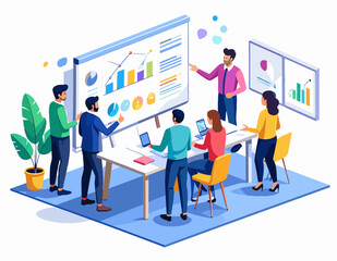 Obraz premium Business Team Collaboration with Presentation on Whiteboard in Brightly Lit Office Space Featuring Data Graphs and Charts in a Flat Design Style