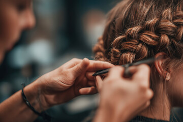 Naklejka premium Stylist cutting hair ends on a braid. Beauty salon, hair styling, professional hairdresser. 