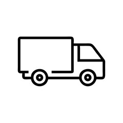 Fototapeta premium Black Delivery Truck Icon on White Background – Minimalist Line Silhouette of Cargo Transport Vehicle Symbolizing Shipping, Freight, Logistics, Courier Service, and Online Package Delivery
