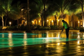 Nighttime Pool Cleaning at Resort with Lush Palm Trees and Lights