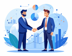 Businessmen Handshake with Graph and Data Chart Visuals in Blue Suits on White Background in Modern Illustration