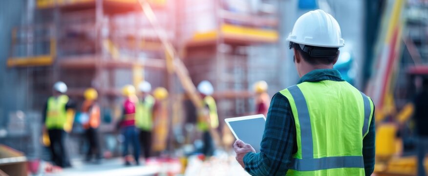 The construction worker using a tablet to manage site activities efficiently.