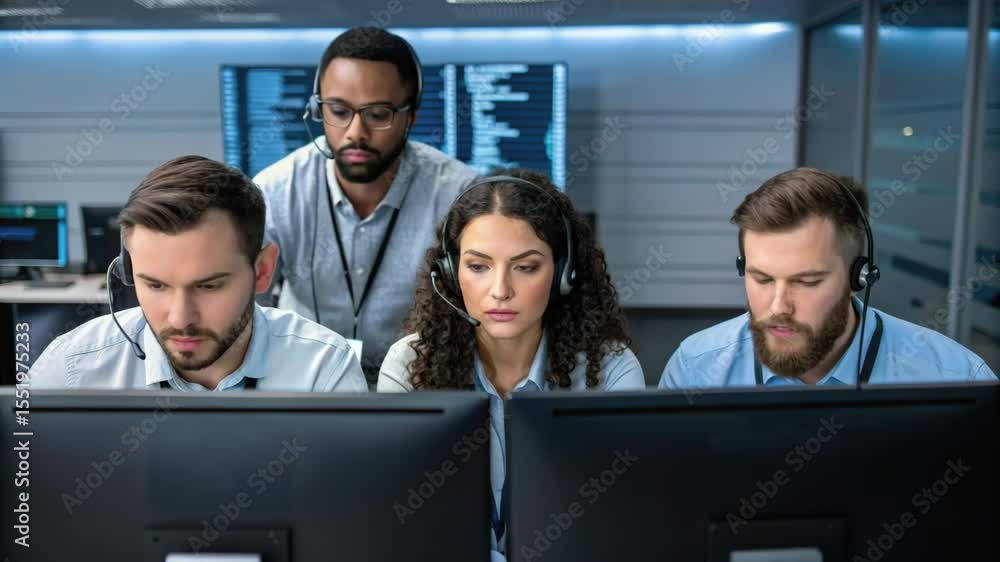 Poster four professionals with headsets focus intently on computer screens in a modern control room with di