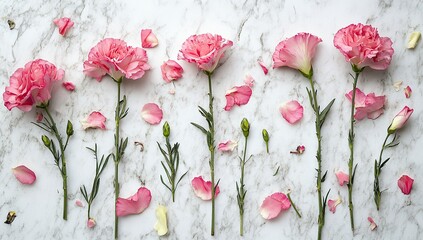 Photo of pink carnations and petals on a white marble background, top view with copy space for text
