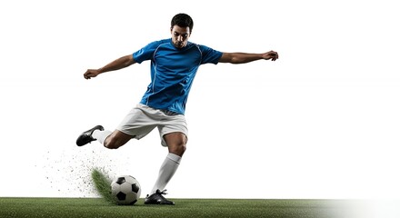 Obraz premium Soccer Player Kicking Ball on Green Field with White Background