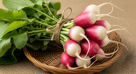 Fresh Radishes With Green Leaves In Wicker Basket Close Up