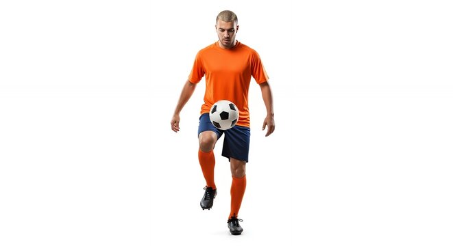 Athletic Soccer Player Juggling Ball in Orange Shirt on White Background