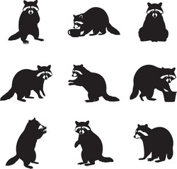 Collection of raccoon poses and actions in a simple black silhouette style