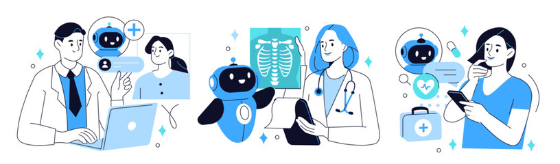 Artificial intelligence in medicine set. Doctor characters use ai tools for patient support, diagnosis, medical analysis. Healthcare technology concept. Vector illustration.