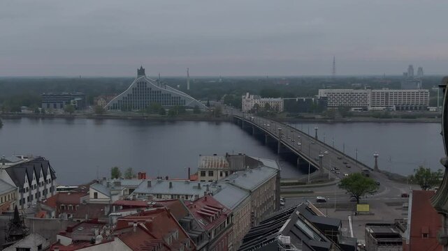 Drone Flying Toward Latvian Library and Vansu Bridge
