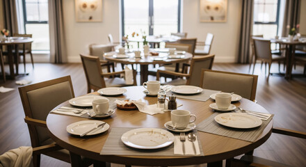 Dining area in nursing home featuring round wooden tables set with plates, cups, and utensils, creating a warm and inviting atmosphere for residents and visitors to enjoy meals together