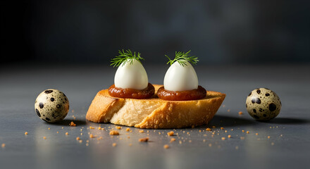 Obraz premium Elegant Quail Eggs Garnished With Dill on Crusty Bread Slices