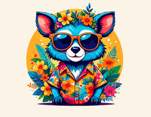 Cartoon Chihuahua Wearing Sunglasses with Hawaiian Shirt and Floral Crown against Tropical Flower Background in Cheerful Summer Vibe
