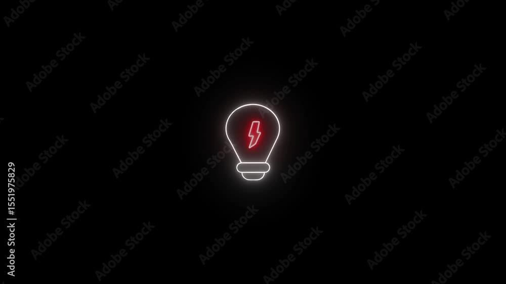 Poster animated neon lightbulb with a red lightning bolt symbol illuminated against a black background repr