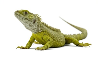 Obraz premium A light green reptile with spiky scales and a long tail standing on a plain white background looking up