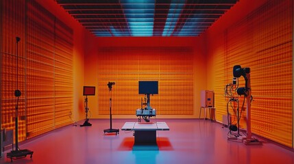 Futuristic laboratory with robotic equipment and vibrant orange walls