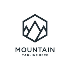 Minimalist mountain logo with peak inside a hexagon