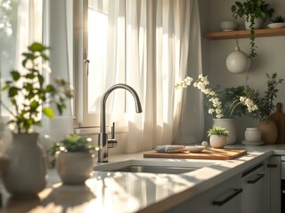 Bright and cozy kitchen with morning sunlight streaming through sheer curtains, featuring a clean countertop, plants, and elegant decor.