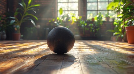 Moody interior with a dark exercise ball on wood floor amidst potted plants