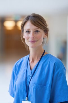 portrait of trauma nurse in uniform standing in corridor with soft smile
