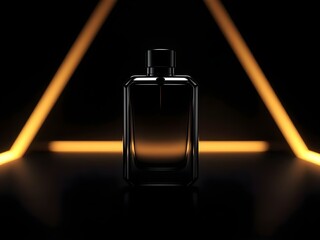 A sleek black perfume bottle is illuminated by dramatic golden LED lights in a dark, modern setting, radiating luxury and elegance.