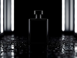 A luxury black perfume bottle stands centered on a glossy surface with dramatic lighting and scattered water droplets, evoking elegance and mystery.