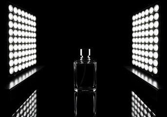 A luxury black perfume bottle stands centered on a glossy surface with dramatic lighting and scattered water droplets, evoking elegance and mystery.
