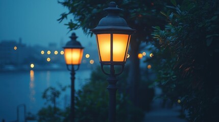 Tranquil Twilight: Illuminated Street Lamps by the Water's Edge at Night