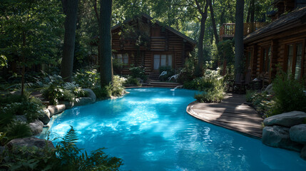 A private pool villa in front of the wooden house resort.