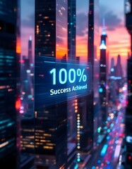 A futuristic cityscape at sunset with glowing skyscrapers and a digital sign displaying “100% Success Achieved,” symbolizing technological advancement and achievement.
