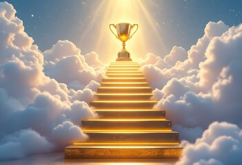 Golden stairs rise through dreamy clouds toward a glowing trophy, symbolizing achievement, ambition, and the journey to success.