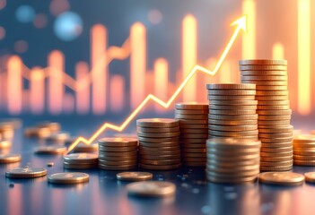 Stacks of golden coins increase in height with a glowing upward arrow and bar chart in the background, symbolizing financial growth and success.