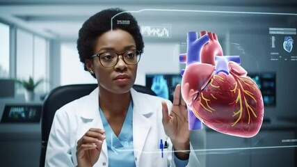 Female doctor analyzing a 3D heart model in a modern medical lab with digital displays in the background - Powered by Adobe
