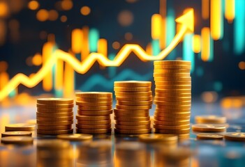 Stacks of golden coins increase in height with a glowing upward arrow and bar chart in the background, symbolizing financial growth and success.