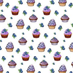 Sweet desserts with blueberries.Vector seamless pattern with blueberries in sweet desserts on transparent background.