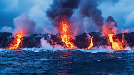 Erupting Volcanoes at Dusk with Lava Flowing into Ocean Waves
