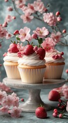 Delightful strawberry cupcakes adorned with cherry blossoms on a decorative stand
