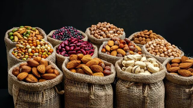 Colorful assortment of various nuts and legumes showcased in burlap sacks invites onlookers to explore healthy snacking choices