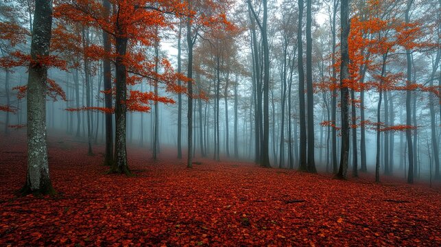 Dreamy foggy forest scenery with an uplifting yet moody landscape, where the mist creates a mystical atmosphere, evoking both wonder and serenity in nature.