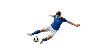 Athletic Man Kicking Soccer Ball in Blue Uniform Isolated on White