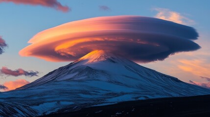 Majestic Volcano with Lenticular Cloud at Sunset Over Snowy Landscape