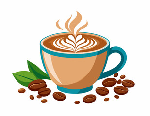 Obraz premium Coffee Cup Vector Art with Latte Art Steaming Cappuccino with Coffee Beans in a Decorative Setting on a White Background