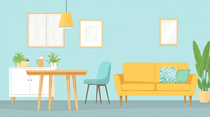 A pastel-toned living area with a dining table and sofa.