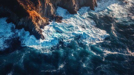 Dramatic Aerial View of Rocky Coastline and Turbulent Ocean Waves