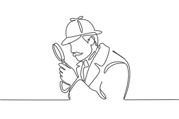 Continuous Line Drawing of Detective with Magnifying Glass and Deerstalker