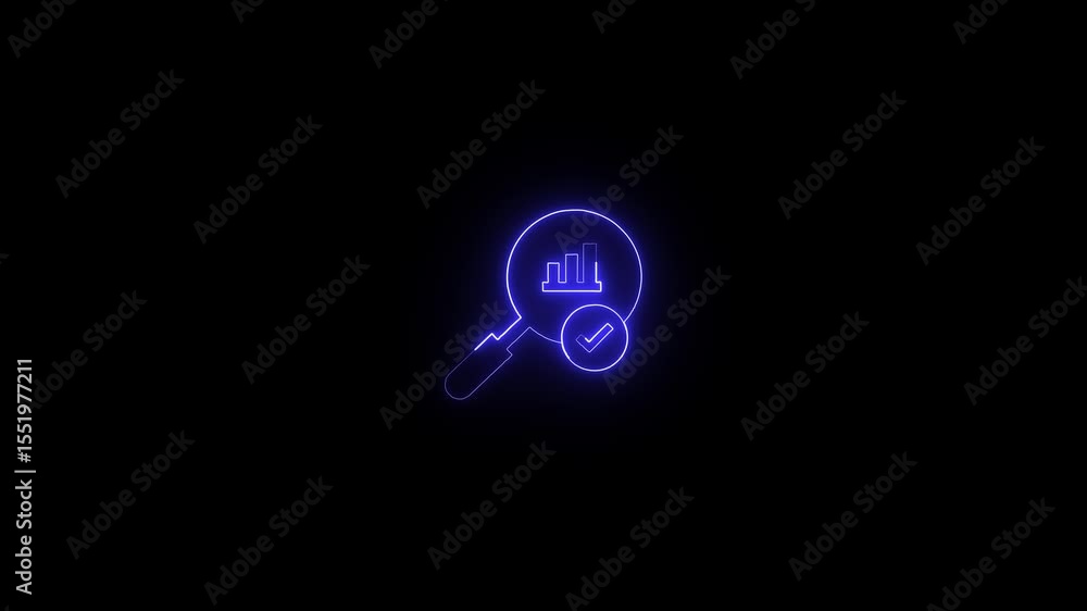 Aufkleber glowing neon icon of data analysis and success featuring a magnifying glass chart and checkmark agai