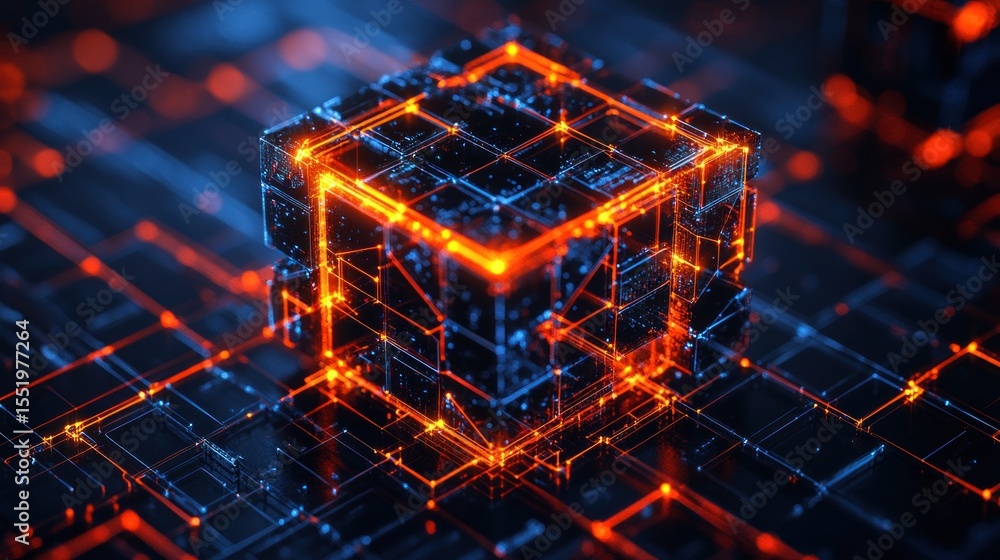 Poster abstract futuristic digital network cube technology concept background with glowing lines and partic